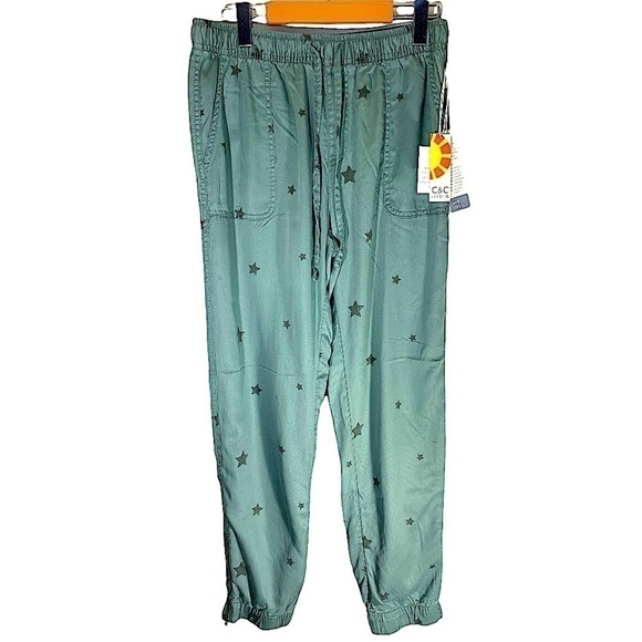 C&C California Flowy Sage green Boho Stars Print Jogger 100 % Lyocell Pants Sz M - Picture 3 of 13